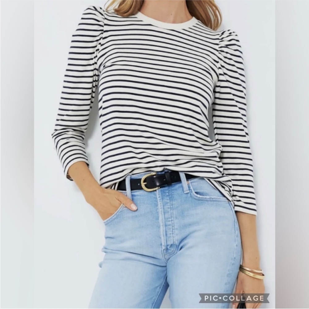 Pomander Place Navy Nautical Striped Puff Sleeve Long Sleeve Crewneck Size L